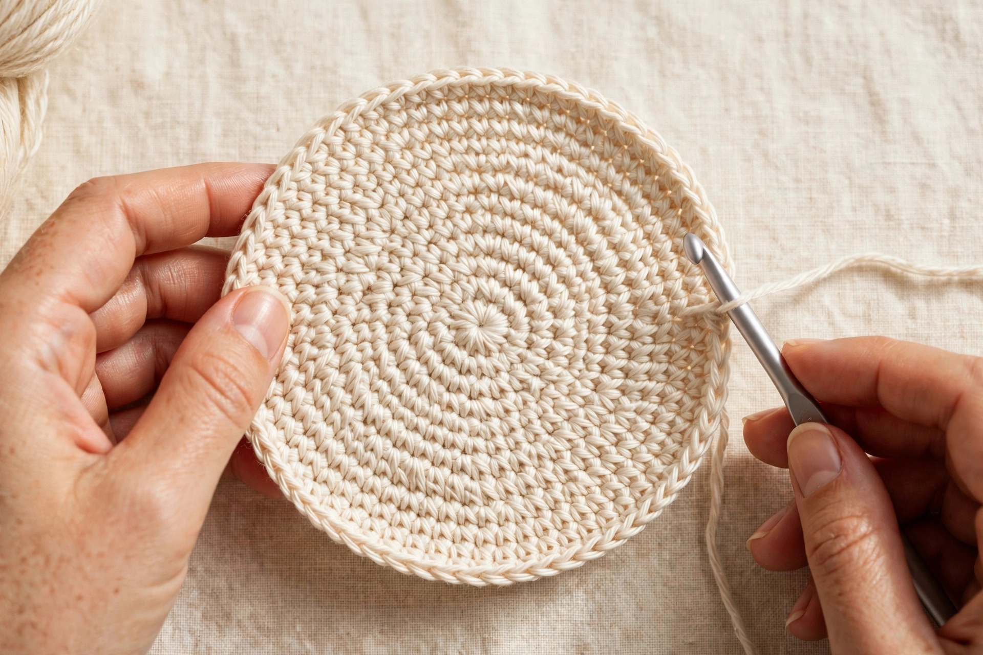 Flat circular crochet bucket hat crown showing evenly distributed increases